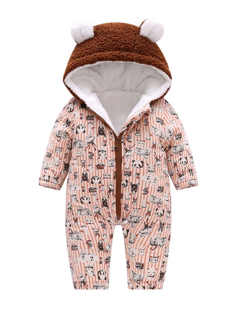 Småbørn Baby Hætte Fleece Varm Jumpsuit Striber Tegneserie Print Lynlås Langærmet Bukse Til Drenge Piger