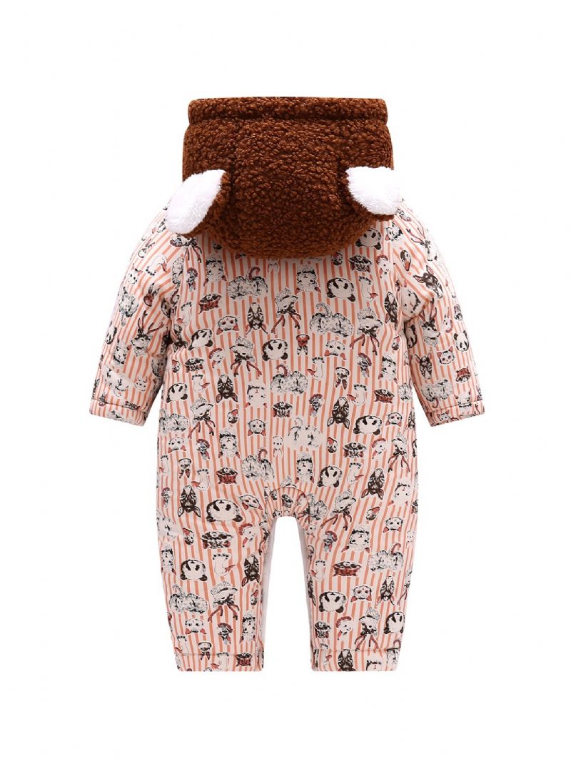 Småbørn Baby Hætte Fleece Varm Jumpsuit Striber Tegneserie Print Lynlås Langærmet Bukse Til Drenge Piger