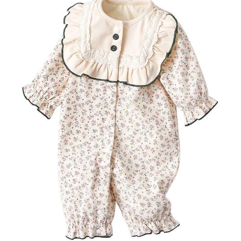 Spædbørn Baby Piger Blomsterdragt Langærmet Rundhals Flæse Jumpsuit Børnetøj