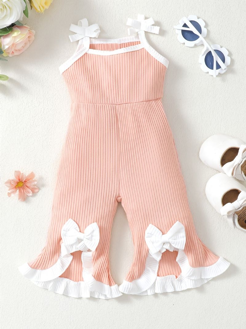 Spædbørn Baby Piger Sløjfe Flæse Ribbet Strikket Cami Flare Leg Jumpsuit