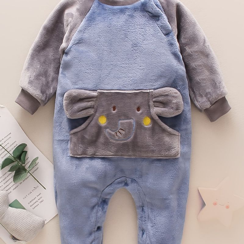 Spædbørn Elefant Pocket Romper Langærmet Rundhalset Fleece Varm Jumpsuit Baby Piger Drenge Børn Tøj