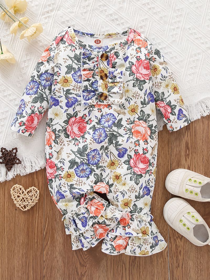 Toddler Baby Flower Print Langærmede Flæser Jumpsuit Rompers Til Piger