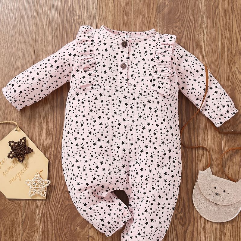 Toddler Baby Fuld Af Trykte Stjerner Langærmet Flæser Jumpsuit Romper Til Piger