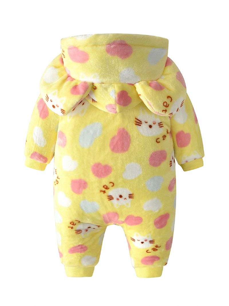 Toddler Baby Hætte Jumpsuit Hjerte Katte Print Langærmet Lynlås Romper Til Drenge Piger