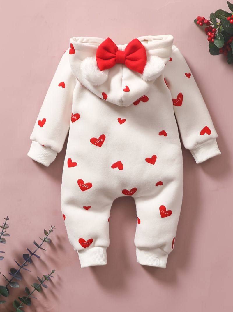 Toddler Baby Heart Print Langærmet Jumpsuit Med Hætte Til Piger