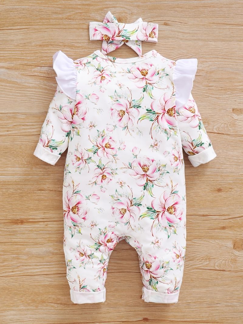 Toddler Baby Jumpsuit Blomster Print Rundhalset Langærmet Flueærmet Rullebukse & Sløjfe Pandebånd Til Piger