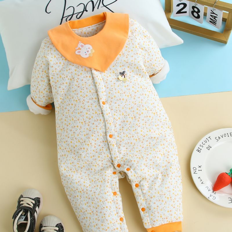 Toddler Baby Jumpsuit Blomsterprint Rund Hals Langærmet Varm Fortykningsbukser Til Piger Vinter