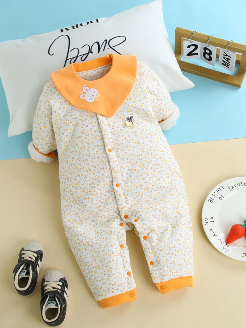 Toddler Baby Jumpsuit Blomsterprint Rund Hals Langærmet Varm Fortykningsbukser Til Piger Vinter