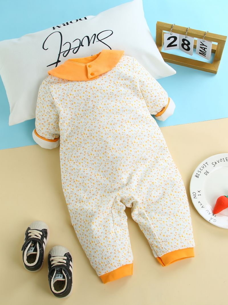 Toddler Baby Jumpsuit Blomsterprint Rund Hals Langærmet Varm Fortykningsbukser Til Piger Vinter