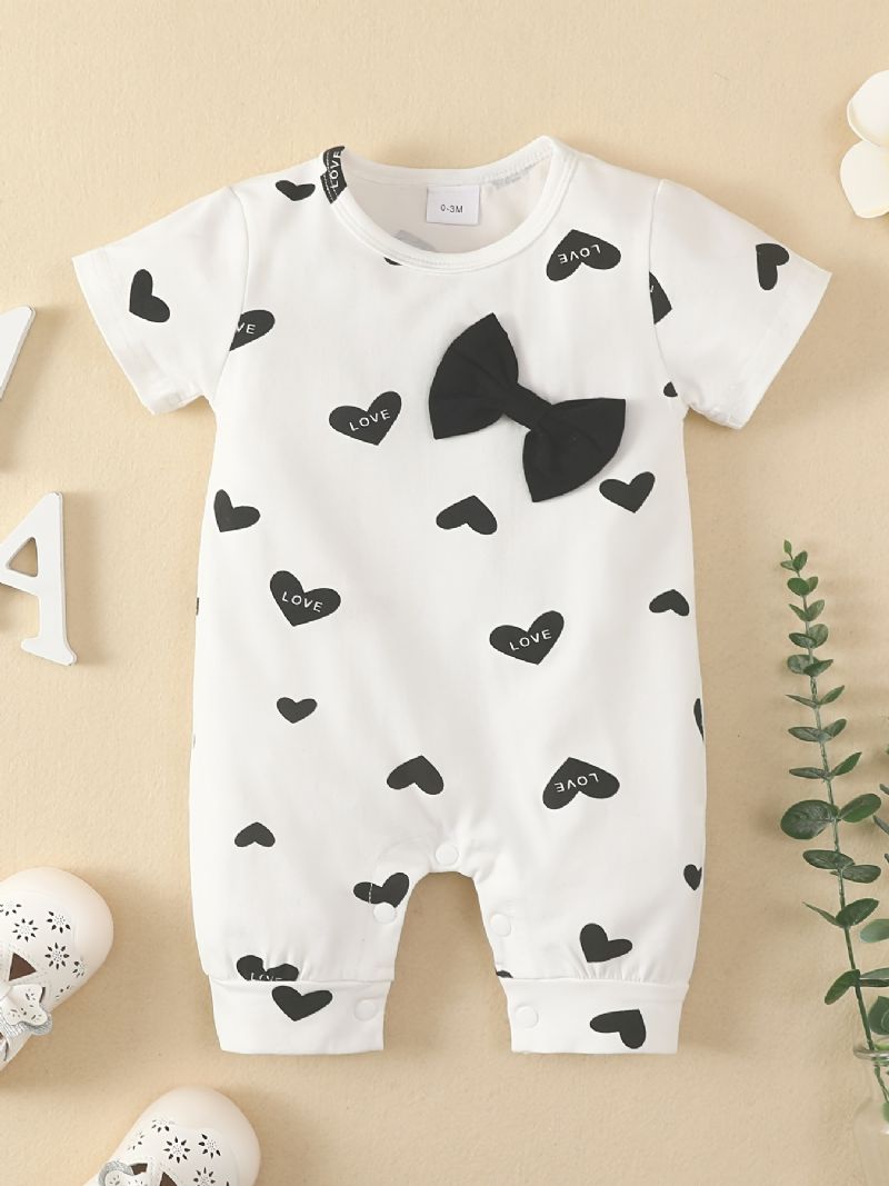 Toddler Baby Jumpsuit Hjerte Print Sløjfe Decor Rund Hals Kortærmet Rullebukser Til Drenge Piger