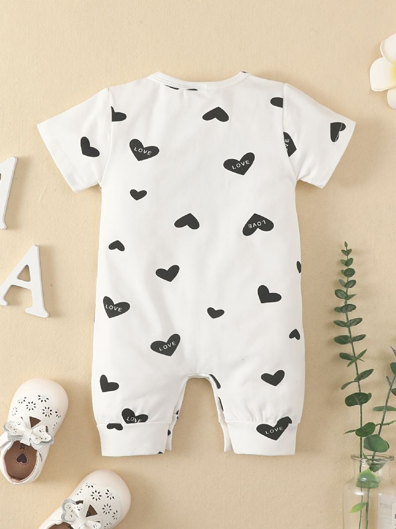 Toddler Baby Jumpsuit Hjerte Print Sløjfe Decor Rund Hals Kortærmet Rullebukser Til Drenge Piger