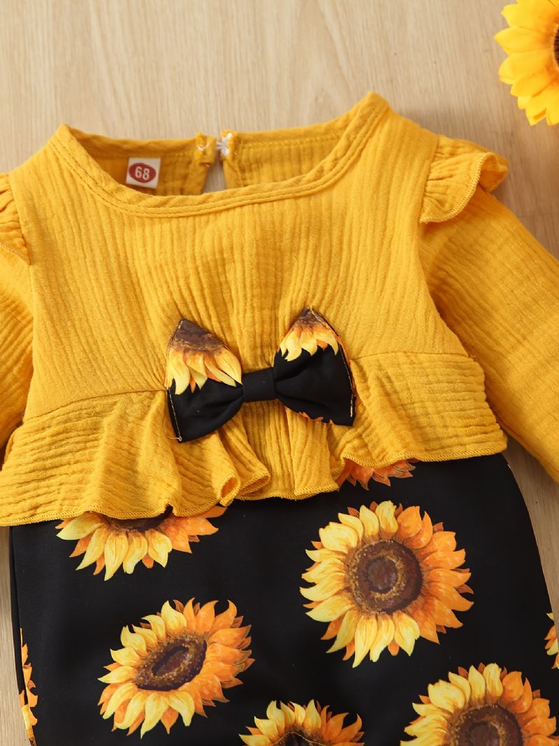 Toddler Baby Jumpsuit Solsikke Print Rundhalset Flyveærmer Syning Langærmet Romper Til Piger