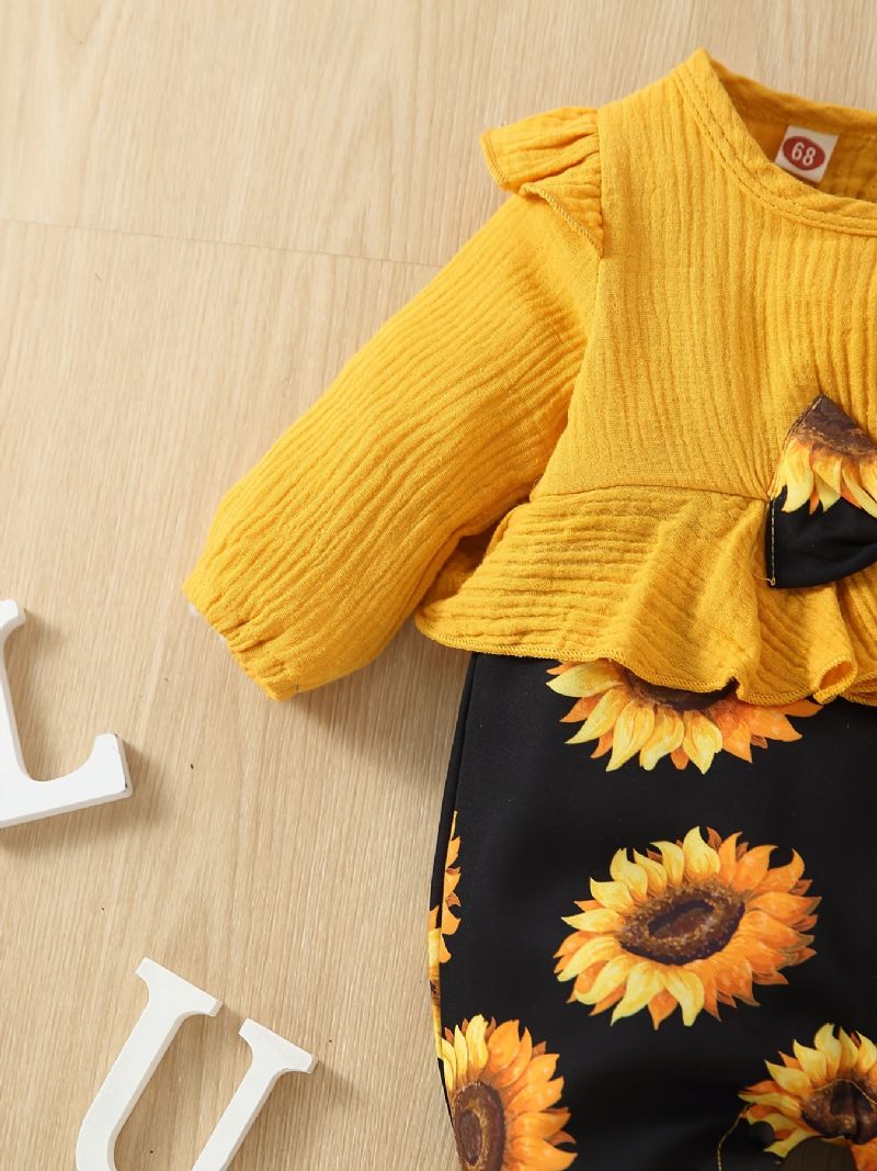 Toddler Baby Jumpsuit Solsikke Print Rundhalset Flyveærmer Syning Langærmet Romper Til Piger