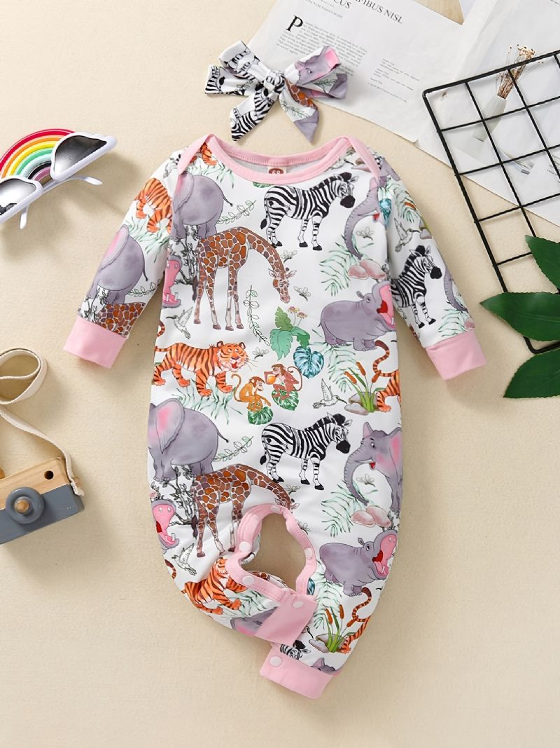 Toddler Baby Jumpsuit Tegnefilm Dyreprint Rundhalset Langærmet Rullebukser Til Piger Børn Tøj