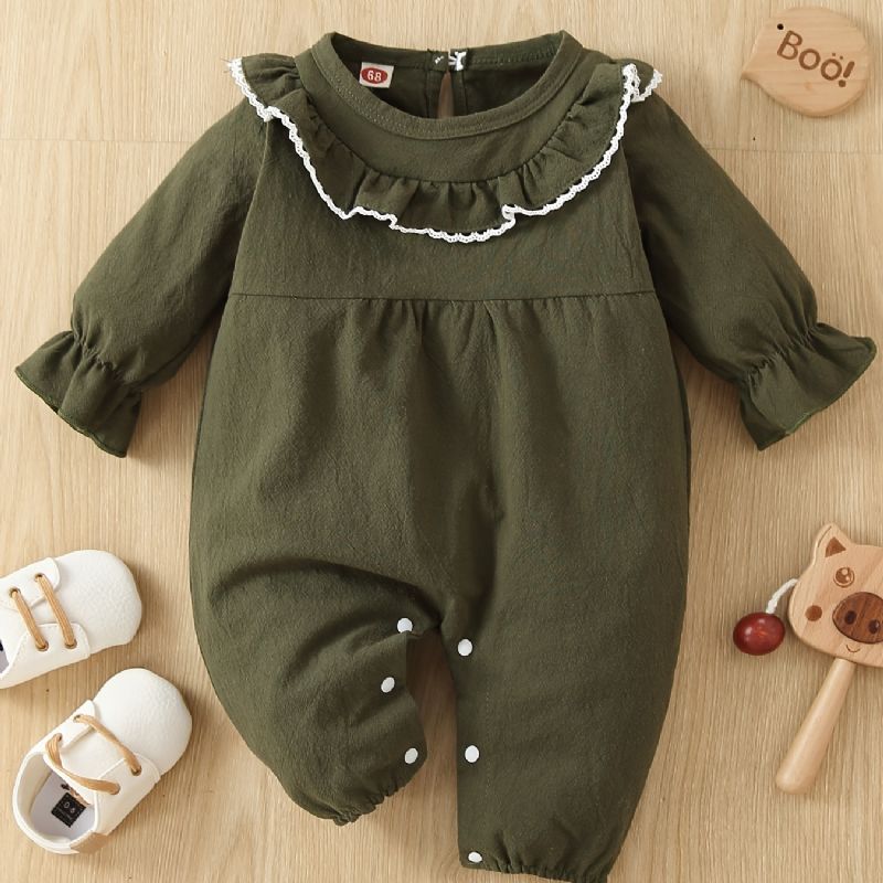 Toddler Baby Piger Jumpsuit Ensfarvet Flæse Trim Blonde Rund Hals Langærmet Rullebukser