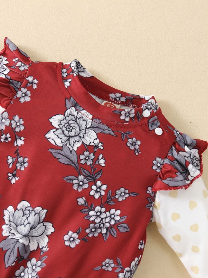 Toddler Baby Piger Jumpsuit Flæse Lange Ærmer Trøjer Med Blomster Print & Pandebånd Sæt