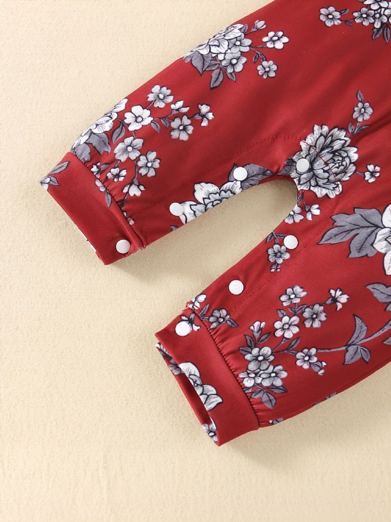 Toddler Baby Piger Jumpsuit Flæse Lange Ærmer Trøjer Med Blomster Print & Pandebånd Sæt