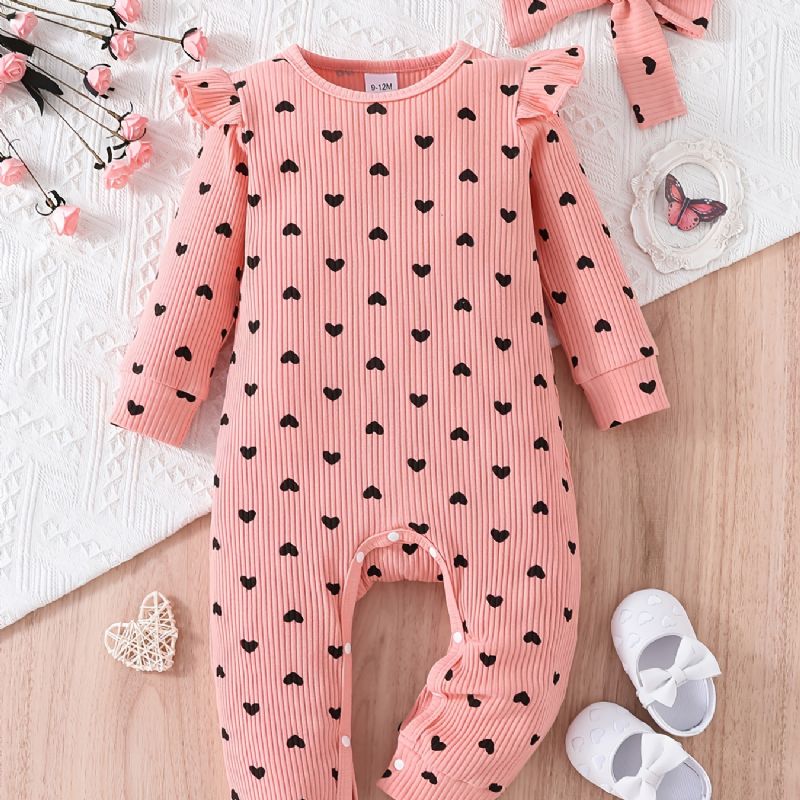 Toddler Baby Piger Jumpsuit Trykt Peach Heart Rundhals Langærmet Romper