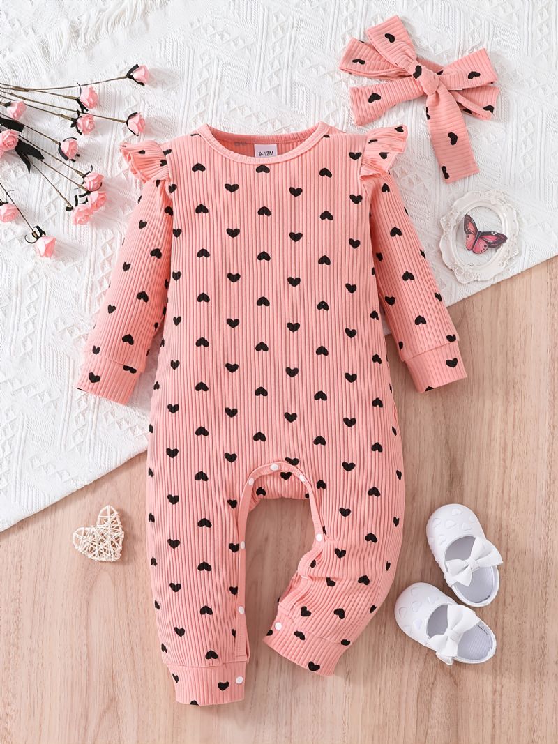 Toddler Baby Piger Jumpsuit Trykt Peach Heart Rundhals Langærmet Romper