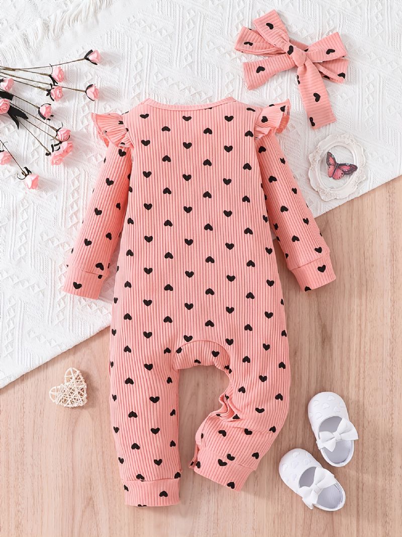 Toddler Baby Piger Jumpsuit Trykt Peach Heart Rundhals Langærmet Romper