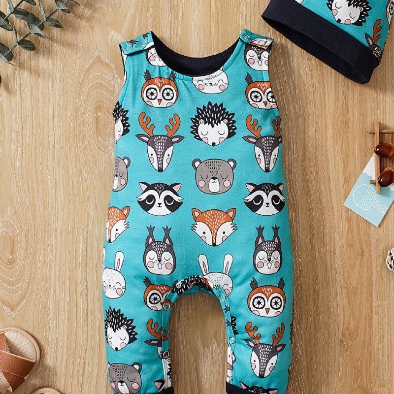 Toddler Baby Søde Dyreprint Ærmeløs Jumpsuit Romper & Hatte Til Drenge Piger