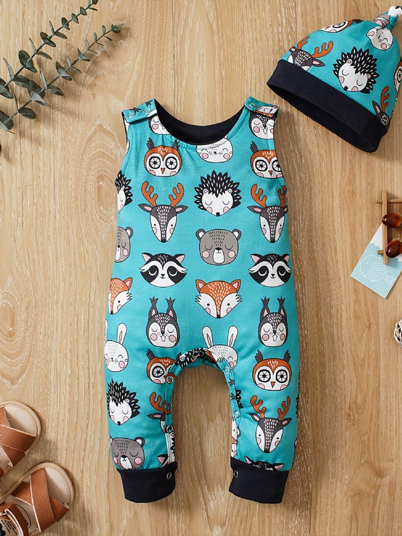 Toddler Baby Søde Dyreprint Ærmeløs Jumpsuit Romper & Hatte Til Drenge Piger