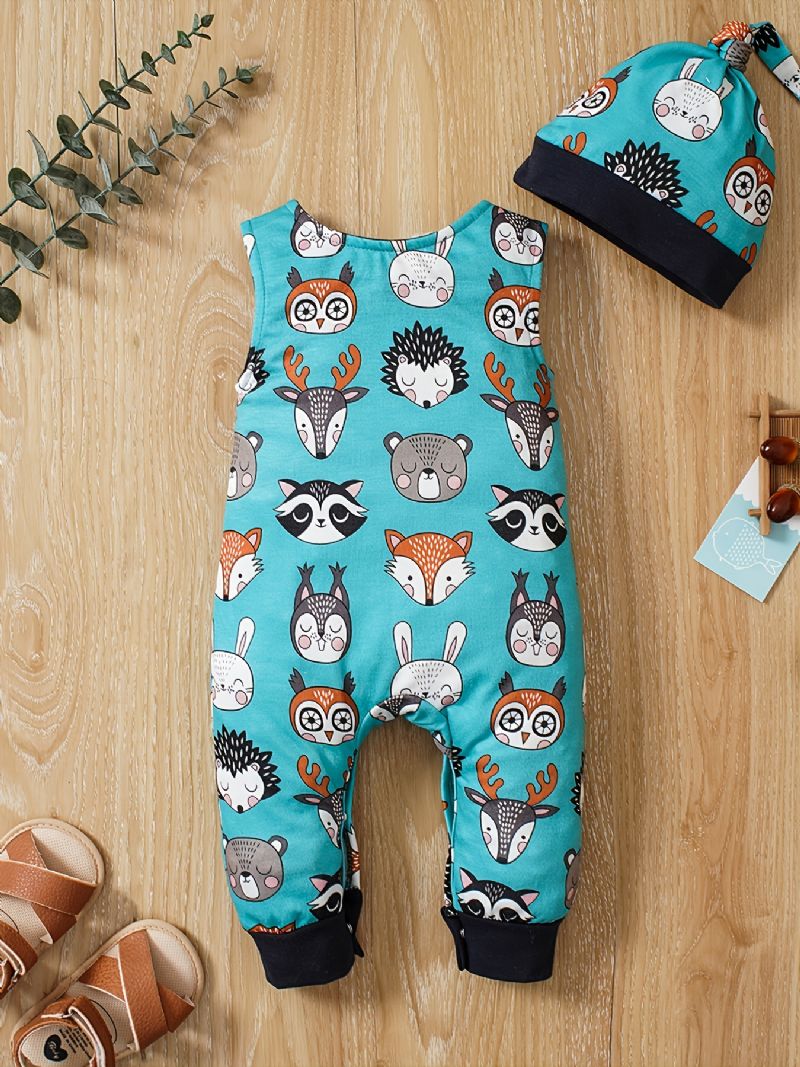 Toddler Baby Søde Dyreprint Ærmeløs Jumpsuit Romper & Hatte Til Drenge Piger