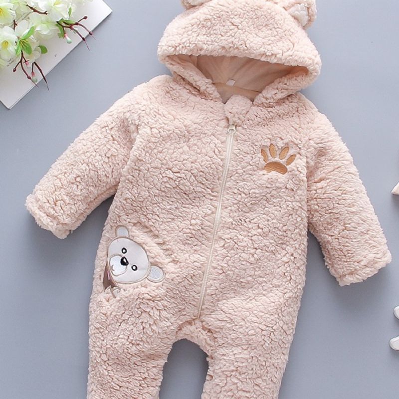 Toddler Børn Brodery Bear Jumpsuit Med Hætte Fortykket