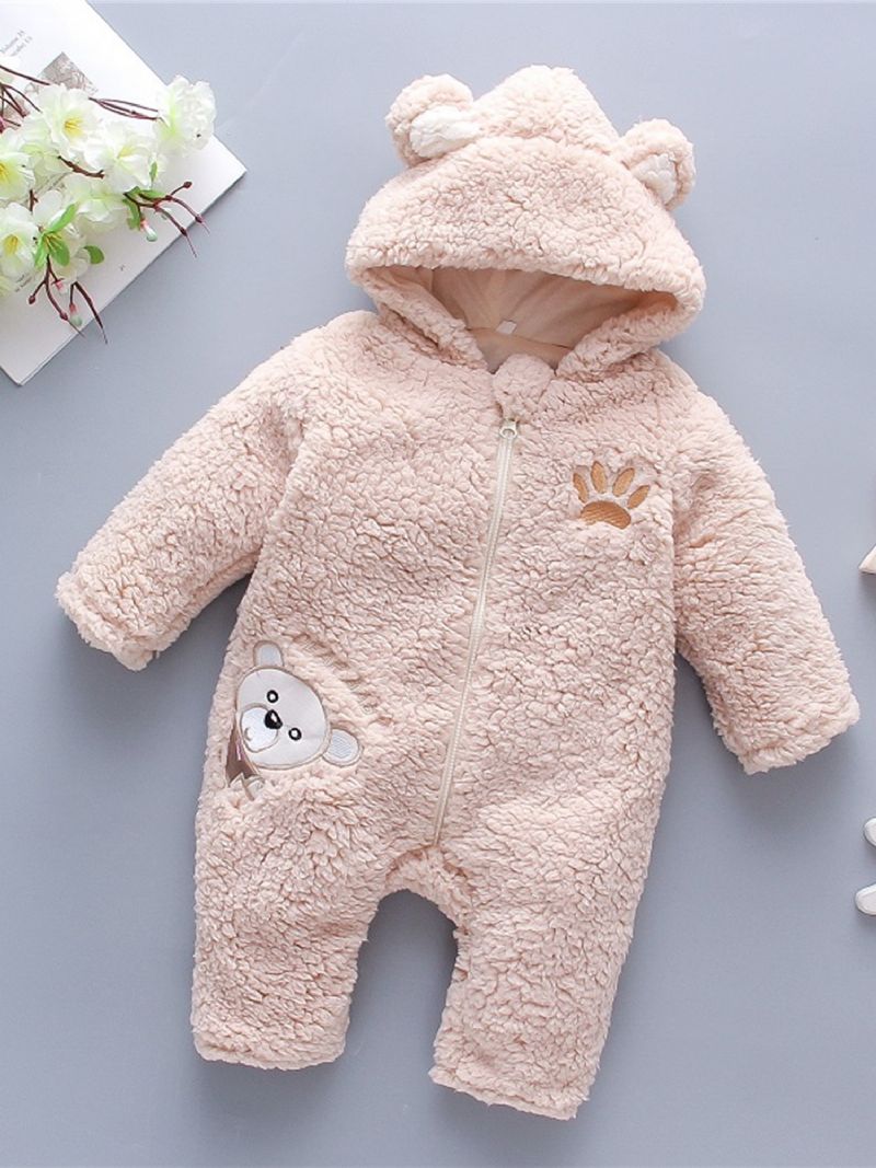 Toddler Børn Brodery Bear Jumpsuit Med Hætte Fortykket