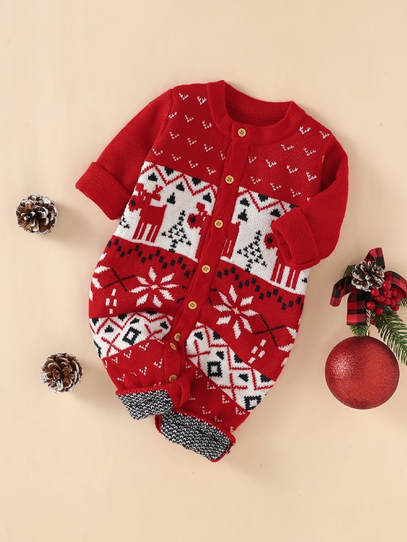 Unisex Baby Langærmet Jumpsuit One Piece Strik Sweater Med Juleserie Mønster Babytøj Til Vinter