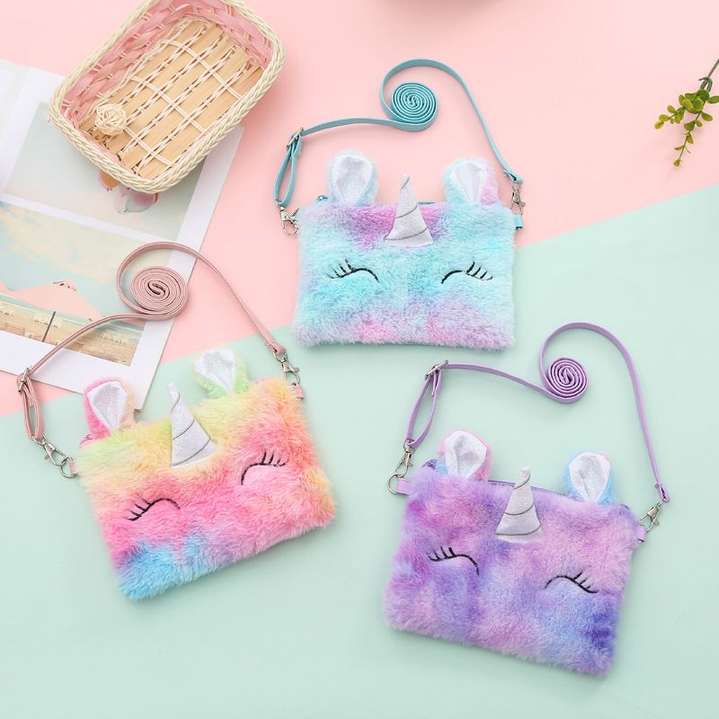 1 Stk Søde Piger Crossbody Taske Blød Tegneserie Plys Unicorn Tie Dye Justerbar