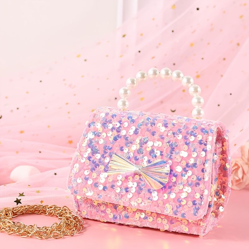 Babypiger Sød Sløjfedekor Pearl Glitter Håndtaske Crossbody Taske Prinsesse Skuldertaske Kædetaske