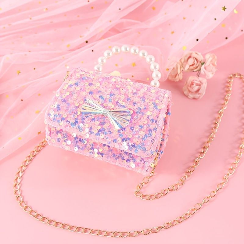 Babypiger Sød Sløjfedekor Pearl Glitter Håndtaske Crossbody Taske Prinsesse Skuldertaske Kædetaske