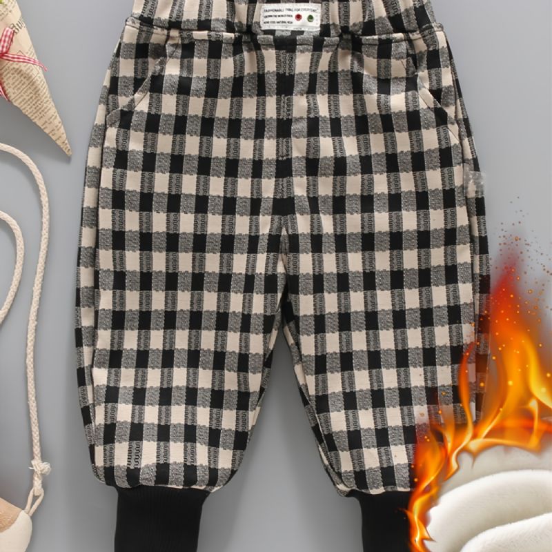 1 Stk Drenge Piger Fleece Termisk Plaid Print Bukser Til Vinter