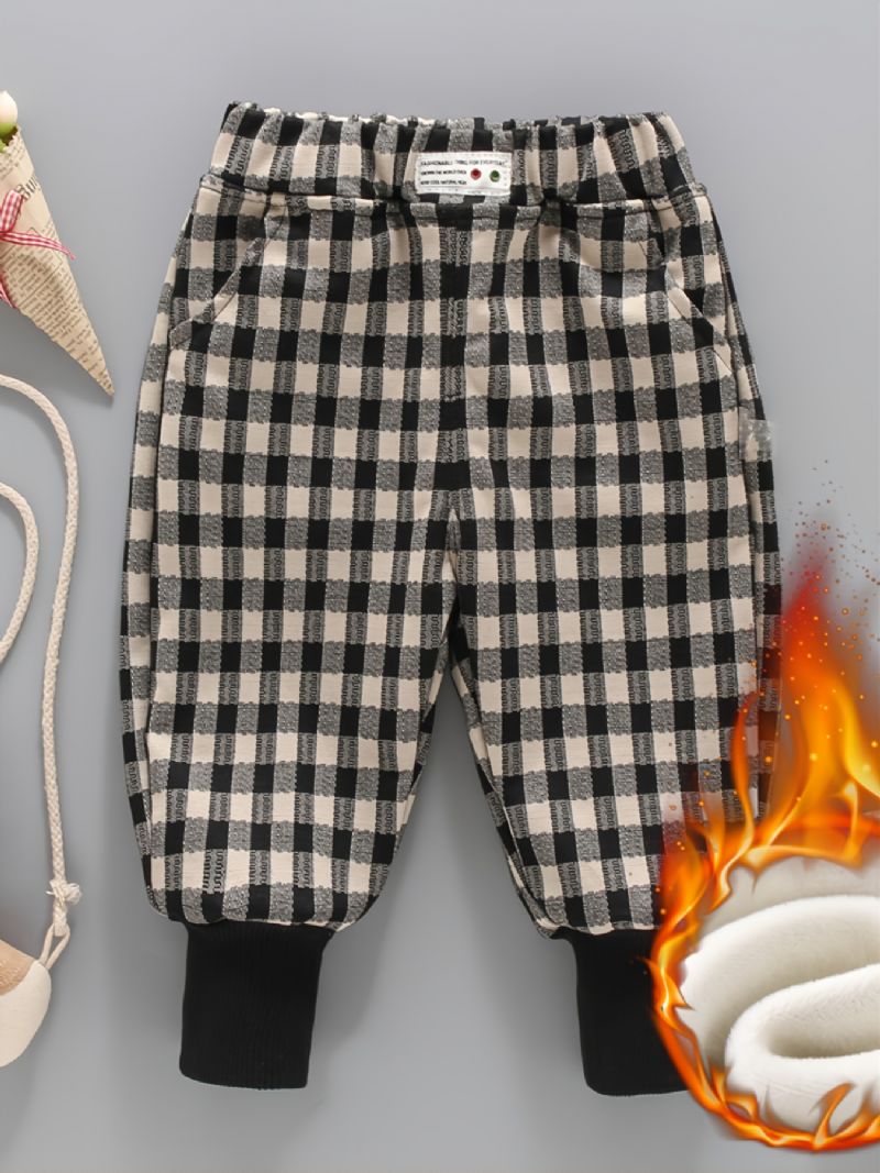 1 Stk Drenge Piger Fleece Termisk Plaid Print Bukser Til Vinter