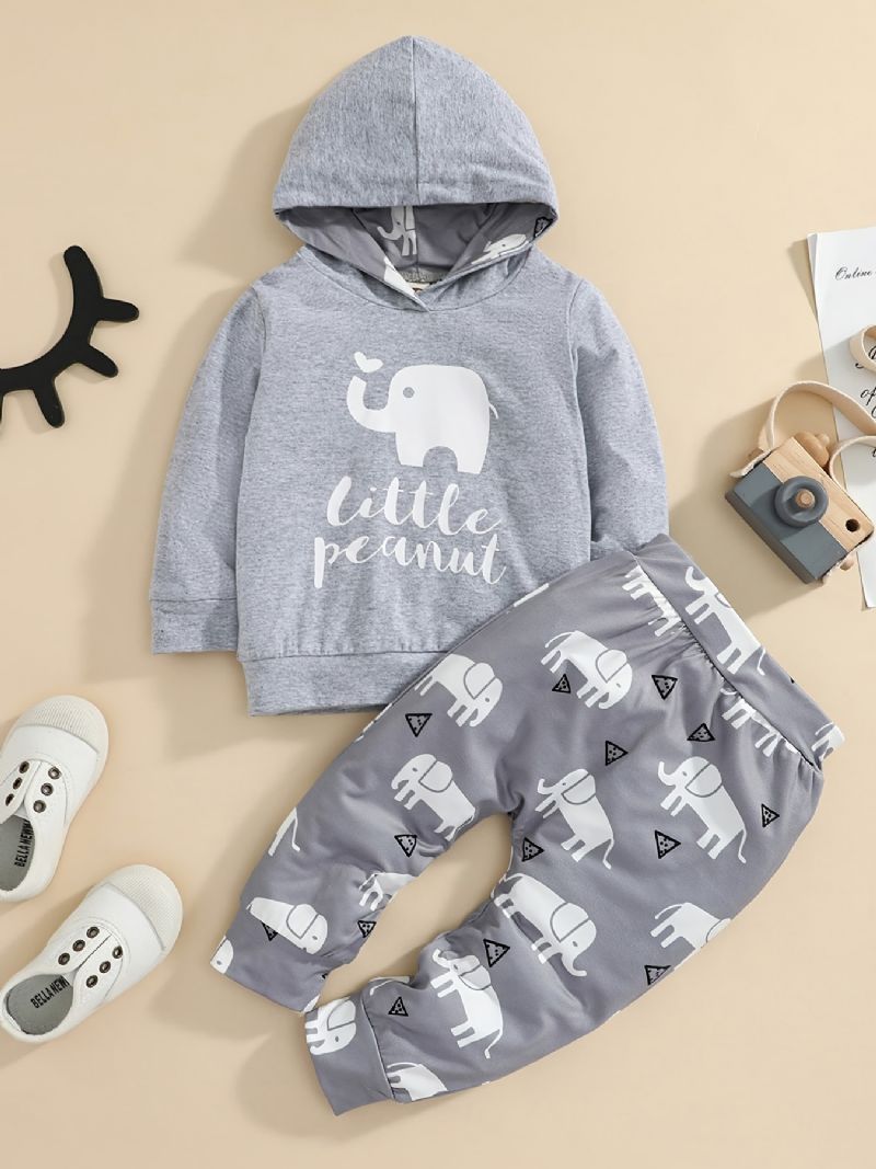 2 Stk Baby Hættetrøje Brev Elefant Print Langærmet Pullover Sweatshirt & Bukser Sæt Til Piger Drenge