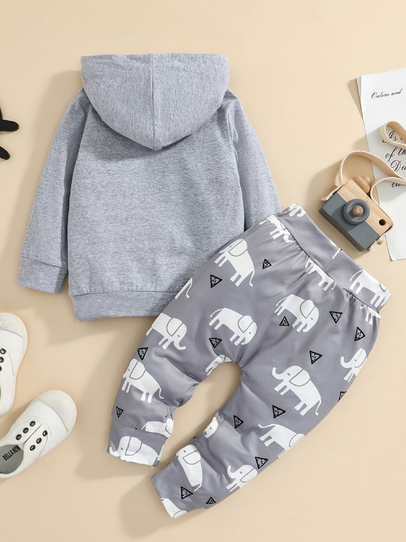 2 Stk Baby Hættetrøje Brev Elefant Print Langærmet Pullover Sweatshirt & Bukser Sæt Til Piger Drenge