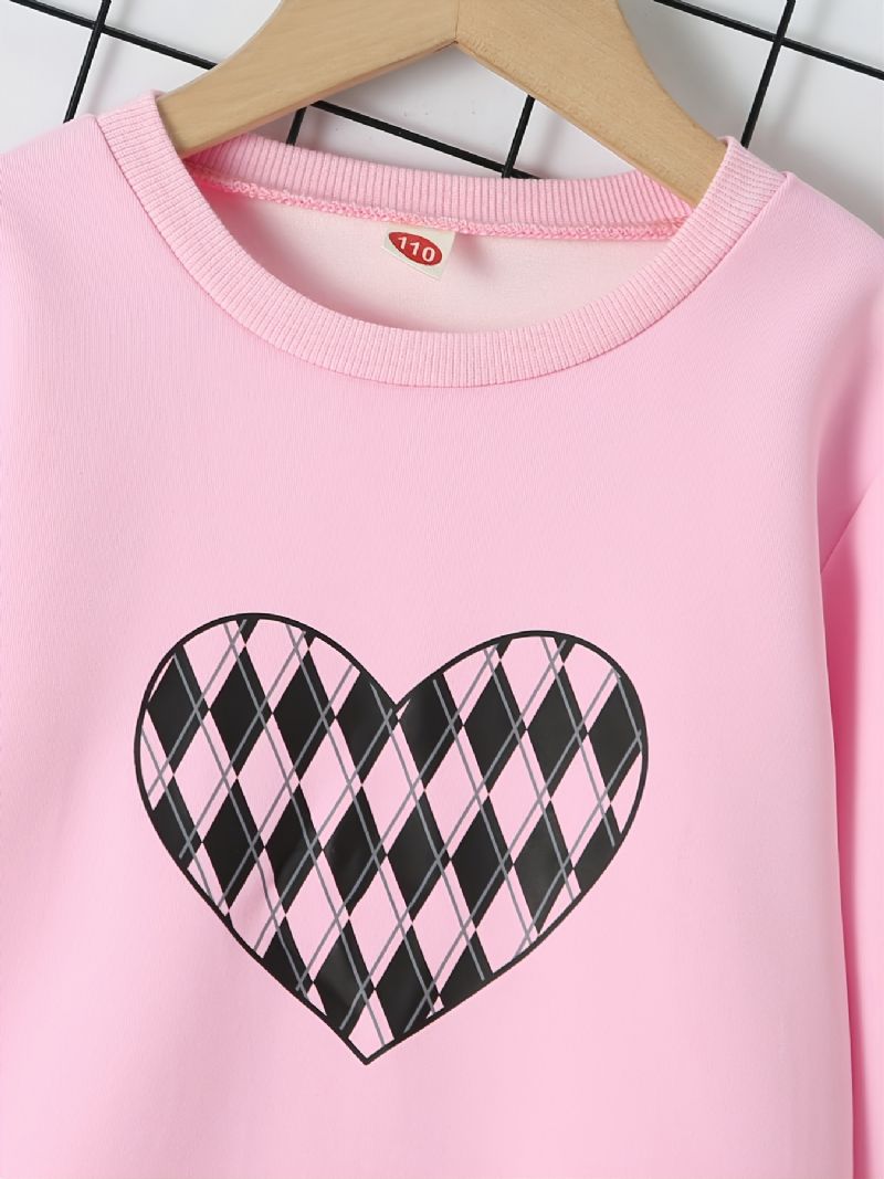 2 Stk Baby Piger Plaid Hjerte Mønster Pullover Rund Hals Langærmet Sweatshirt & Bukse Sæt