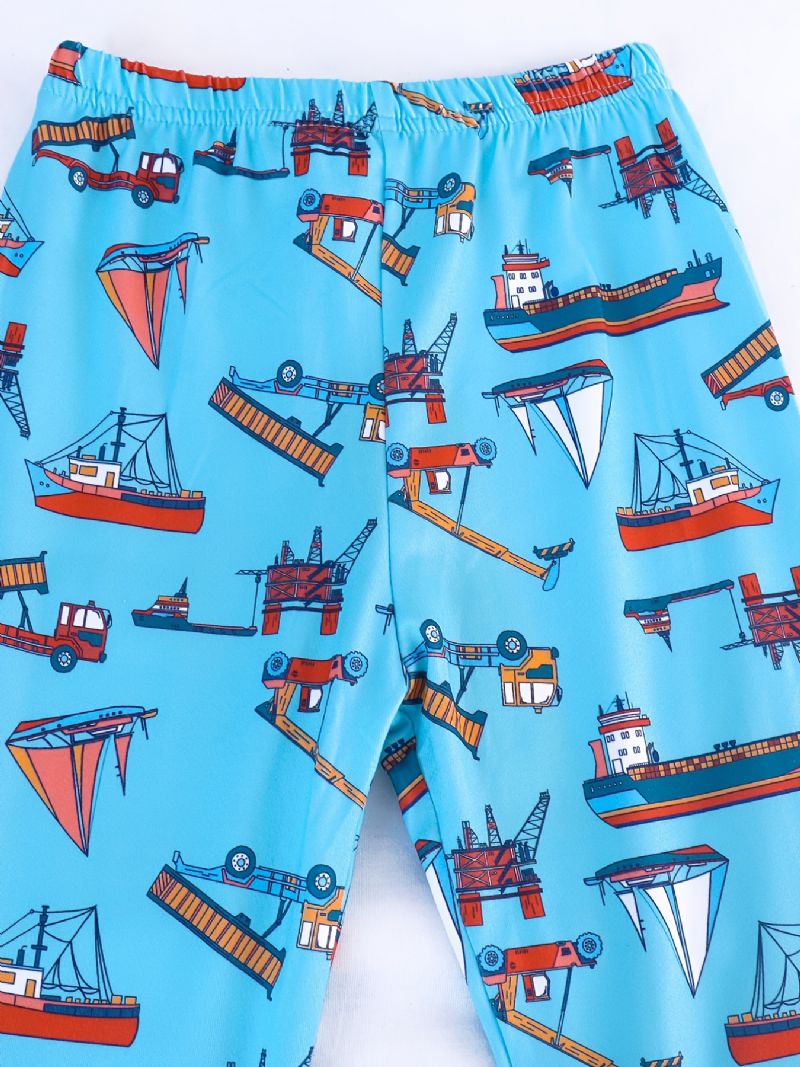 2 Stk Drenge Casual Pyjamas Sæt Rundhals Kortærmede Toppe & Bukser Med Båd Print