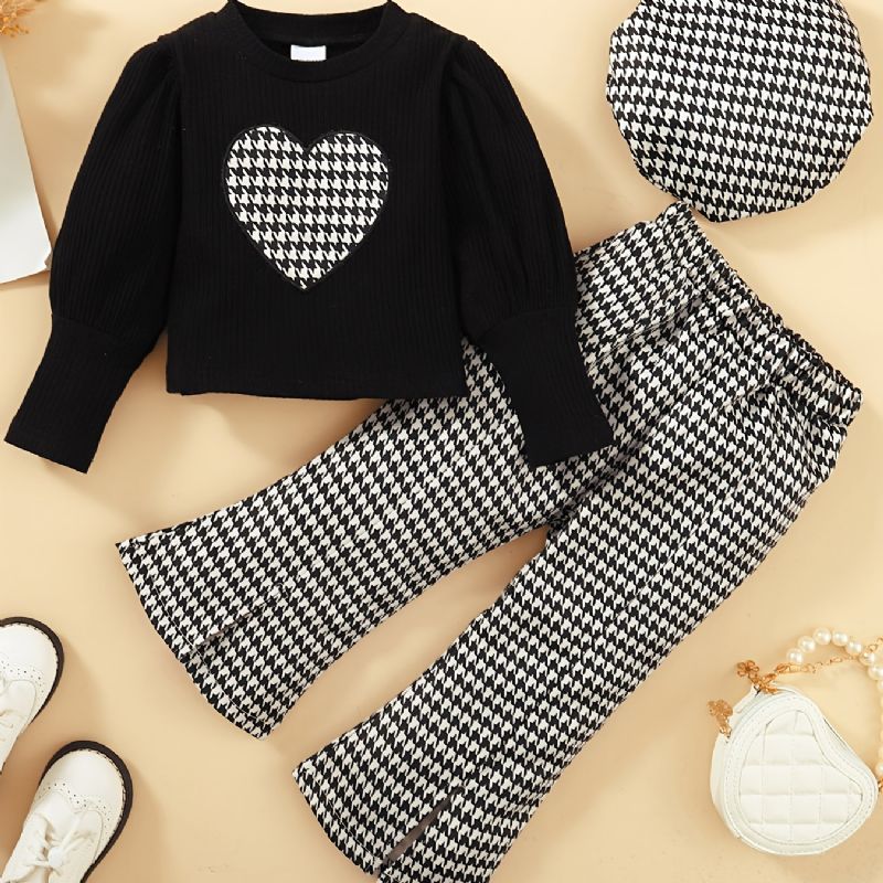 Baby Børn Piger Langærmede Patchwork Sweatshirt Toppe + Matchende Flared Bukser + Hatte Sæt Børnetøj Outfit