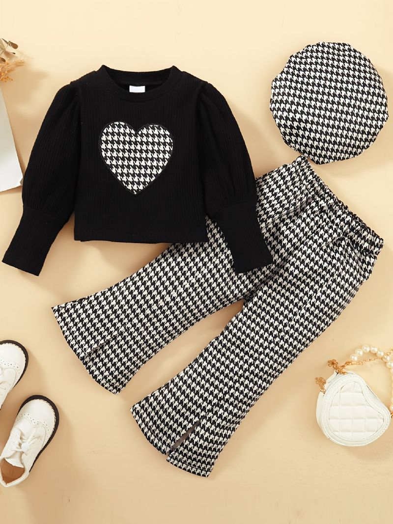 Baby Børn Piger Langærmede Patchwork Sweatshirt Toppe + Matchende Flared Bukser + Hatte Sæt Børnetøj Outfit