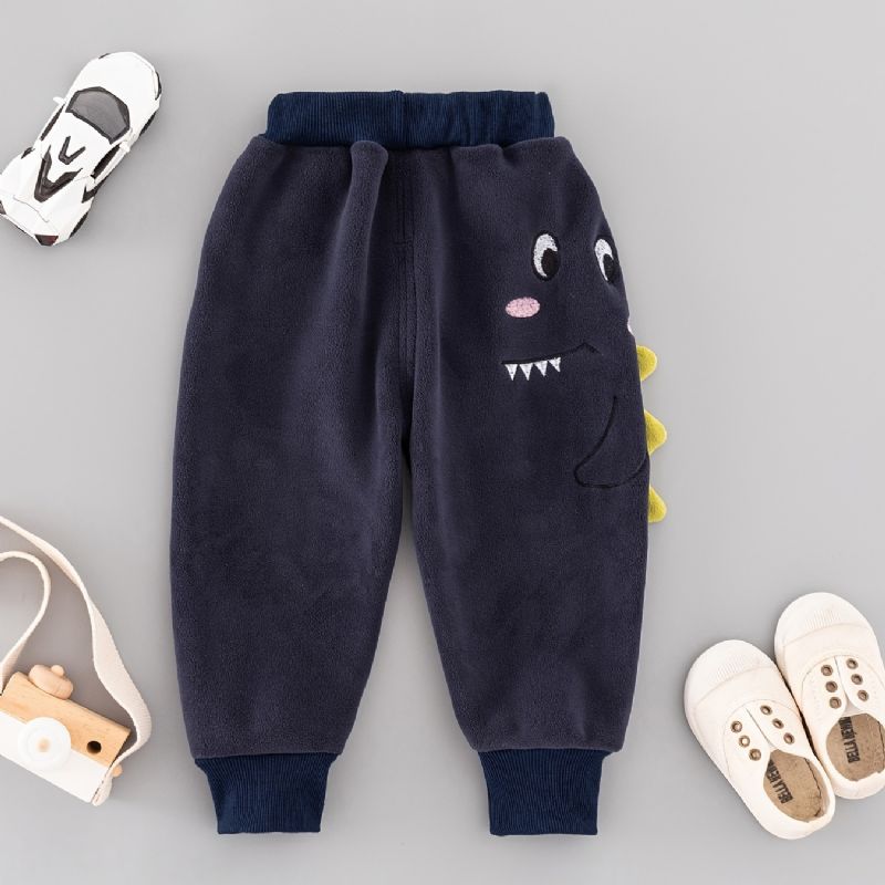 Baby Drenge Polar Fleece Joggingbukser Elastisk Talje Dinosaur Broderet Fortykket Varm Sport Jogger Bukser Vinter Børnetøj