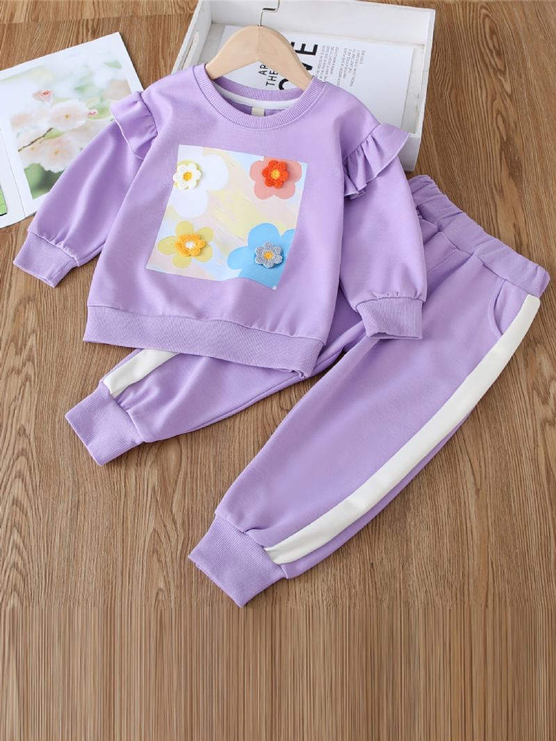 Baby Piger Casual Flower Print Langærmet Rund Hals Sweatshirt Bukser Sæt Efterår Vinter