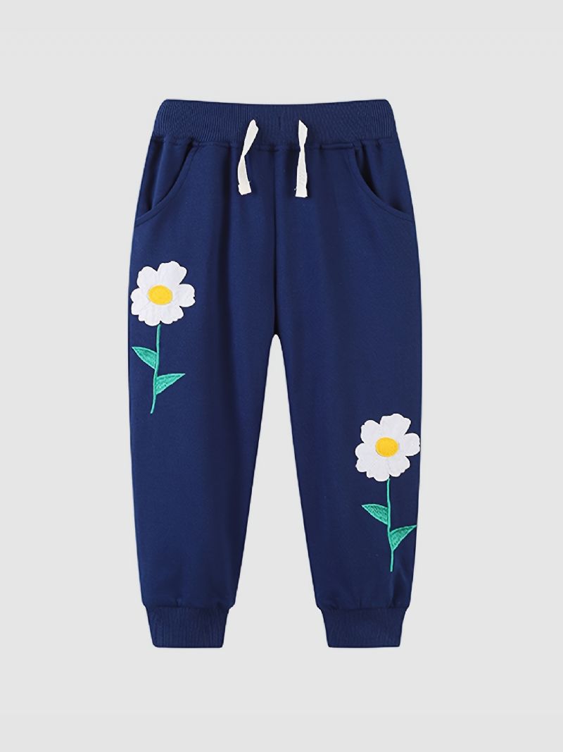 Babypiger Joggingbukser Elastiske Talje Med Blomsterbroderi Joggerbukser