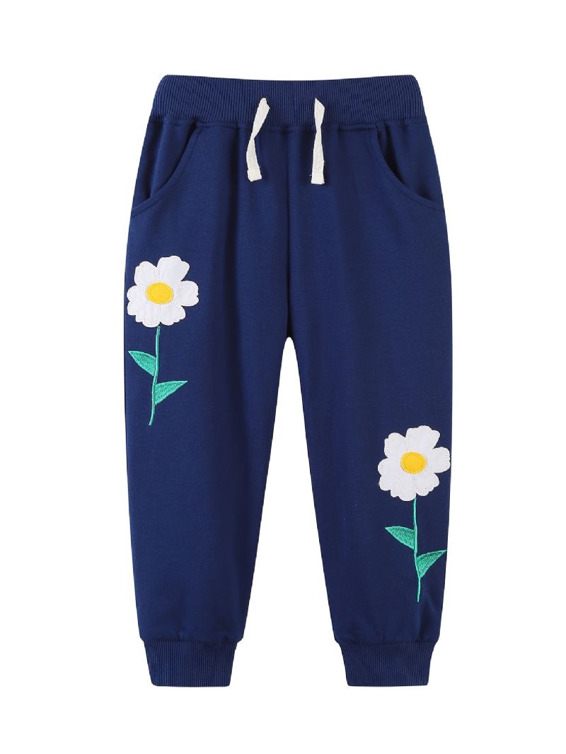 Babypiger Joggingbukser Elastiske Talje Med Blomsterbroderi Joggerbukser