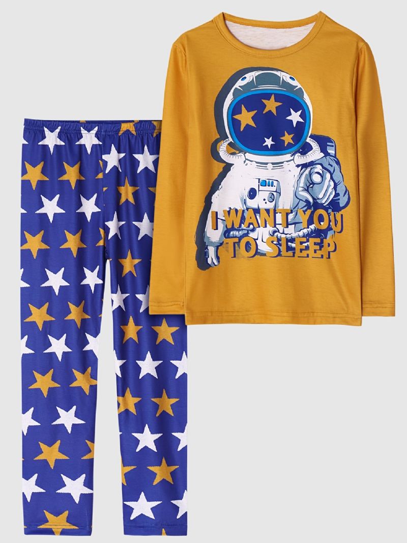 Børn Drenge Pyjamas Astronaut Print Rundhalset Langærmet Top & Bukser Sæt