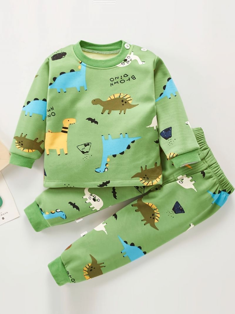 Drenge Casual Cartoon Pyjamas Sæt Med Dinosaur Print Top & Bukser Til Vinterhjem