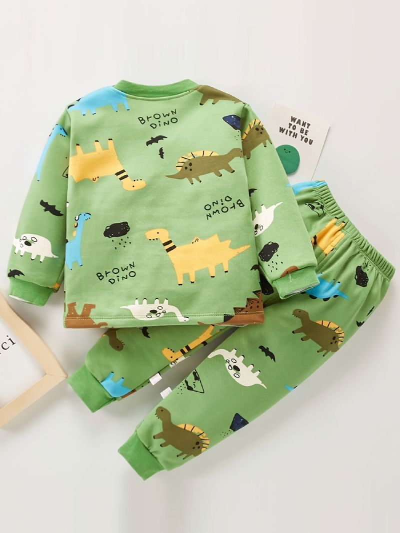 Drenge Casual Cartoon Pyjamas Sæt Med Dinosaur Print Top & Bukser Til Vinterhjem