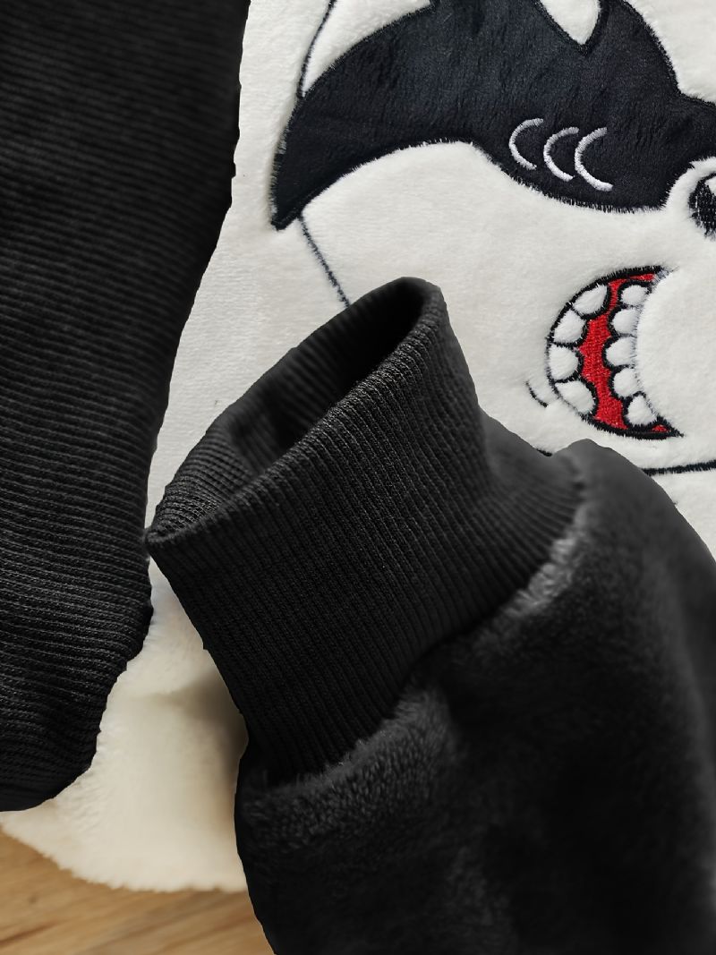Drenge Fleece Color Block Shark Broderet Pullover Top + Ensfarvet Buksesæt Børnetøj Til Vinter