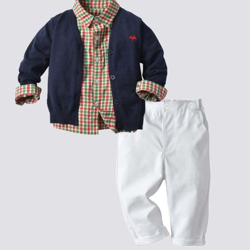 Drenge Forår Efterår Strikket Cardigan Langærmet Plaid Shirt Casual Pants Suit